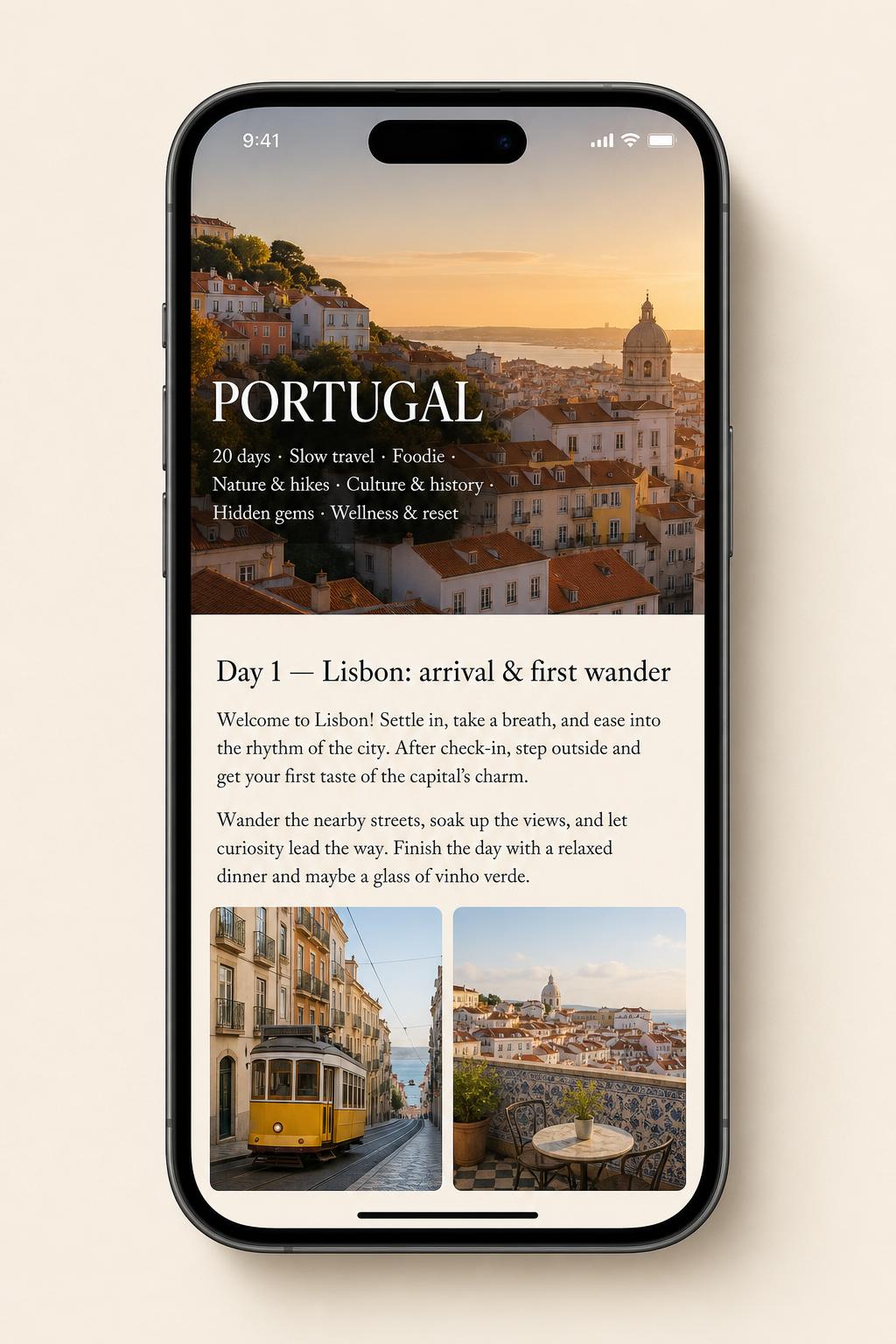 A Lost on Purpose itinerary on iPhone, showing a Lisbon trip